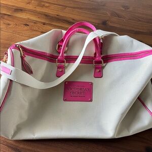 Victoria’s Secret Beige Pink Duffel Weekender Canvas Tote Travel Suitcase Bag